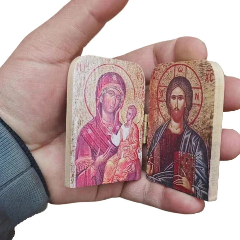 1PC Wood Christ The Teacher And Virgin Of Kazan Catholic Orthodox Icon Diptych For Travel Home Display Religious Gift Decoration