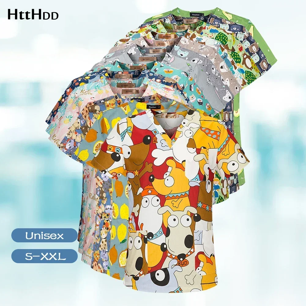 Medical Scrubs Cartoon Printing New Surgical Uniforms Woman Scrubs Jacket Veterinary Uniform Mens Scrub Tops Unisex Cotton Medical Accessories
