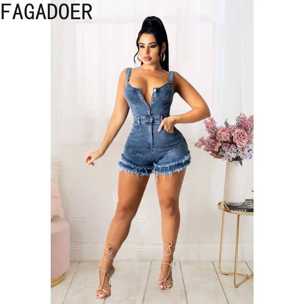 FAGADOER Fashion V Neck Button Denim Rompers Women Strap Sleeveless Bodycon Jumpsuits Blue Casual Tassels Shorts Cowboy Overalls