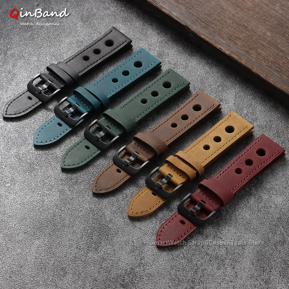 Handmade Stitching Leather Watch Band with Breathable Design - Brown, Black, Blue