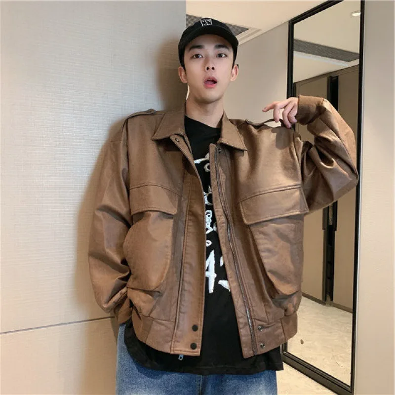 2023 New Men Korean Style Leather Coat Autumn Winter Fleece Thickened Young Students Fashion Casual Large Size Leather Jacket