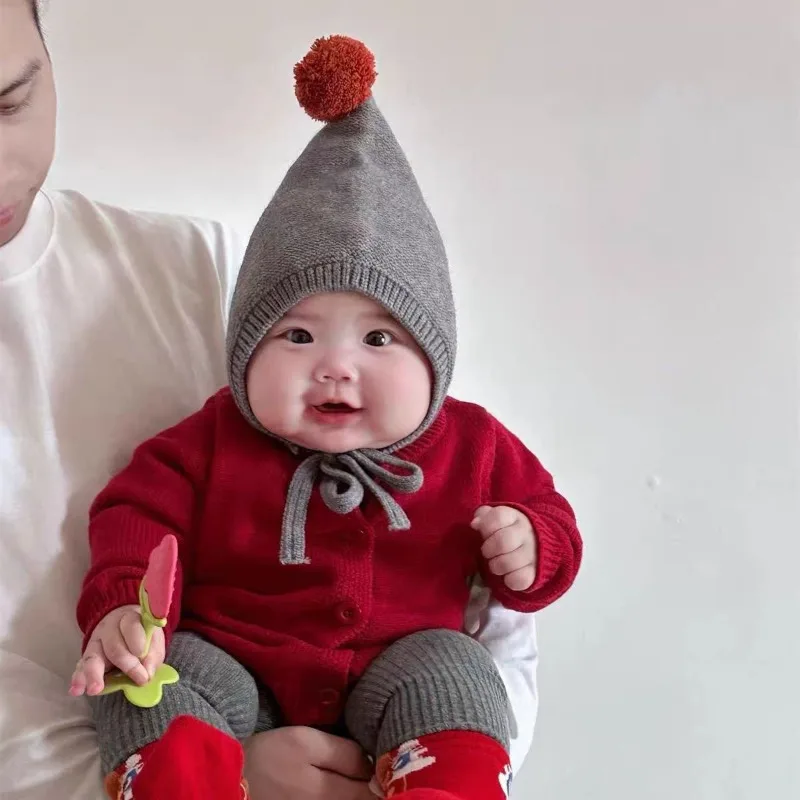 Autumn-Winter Baby Hat Adorable Pom-Pom Knitted Earflap Hat Unisex Tie-Back Warm Pointy Baby Wool Hats Winter Hats Accessories