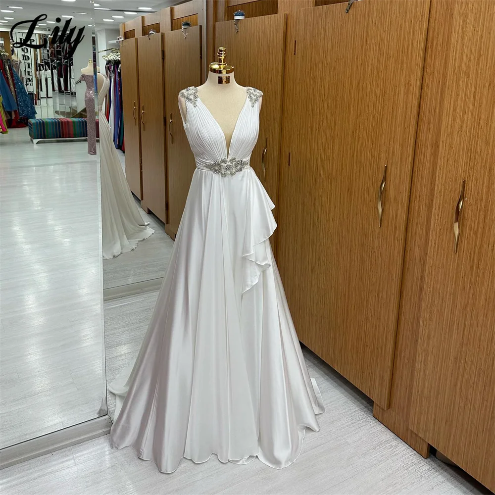 

Lily White Prom Dresses Deep V-Neck Evening Dresses Simple A-Line Open Back Vestido De Novia Tank Crystal Sleeveless Party Dress