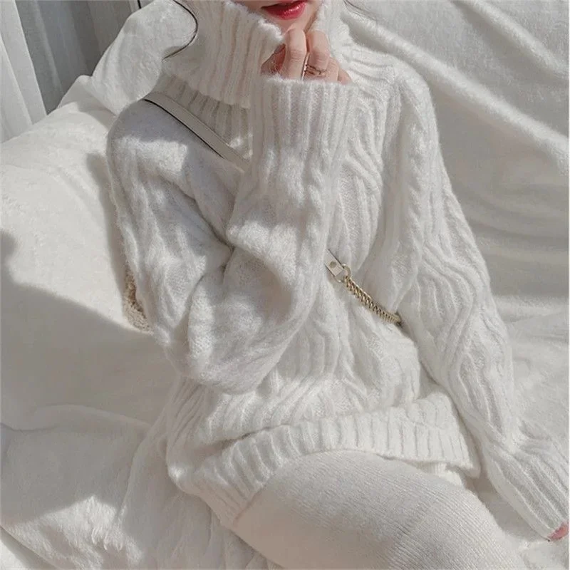 

Pure Color High-Collar Bottoming Sweater Female 2022 Autumn Winter Thickening Outside Loose Lazy Gentle Wind Top Knitted Sweater