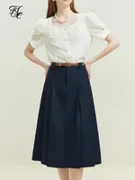 FSLE Retro Commuter High Waist Mid-length Pleated Skirt for Women Navy Blue Office Lady A-line Skirt with Belt Female Summer New