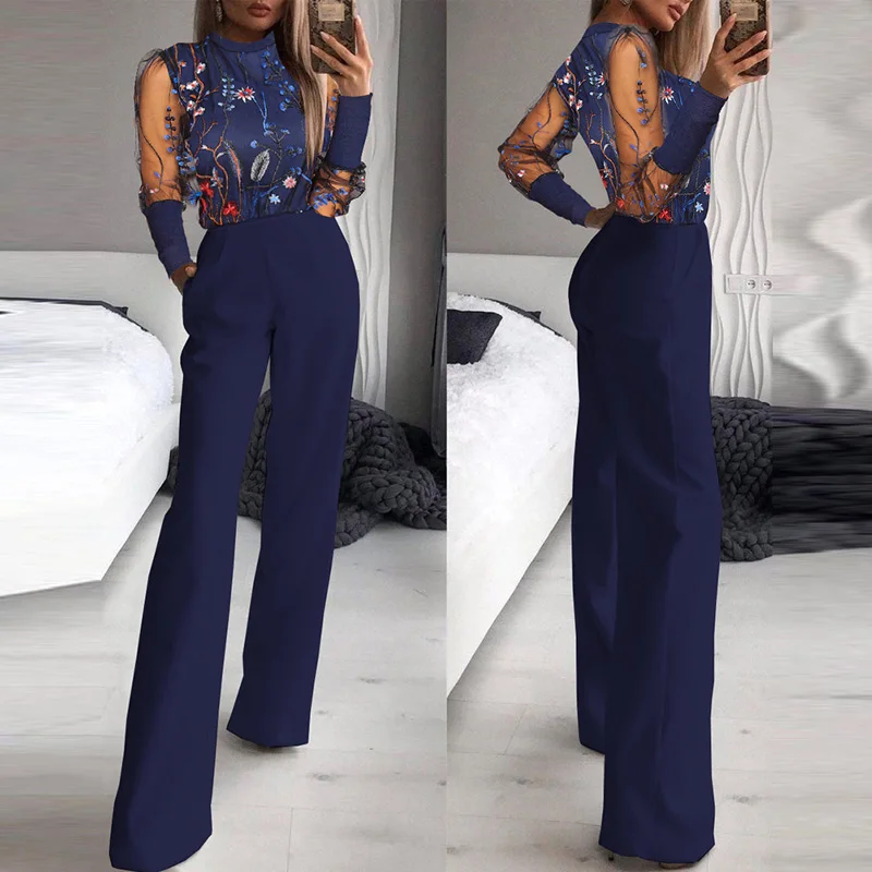 Elegant Pattern Print Straight Pants Playsuits Women Sexy Hollow Out Bandage Jumpsuit Ladies Fashion Long Sleeve Shiny Romper