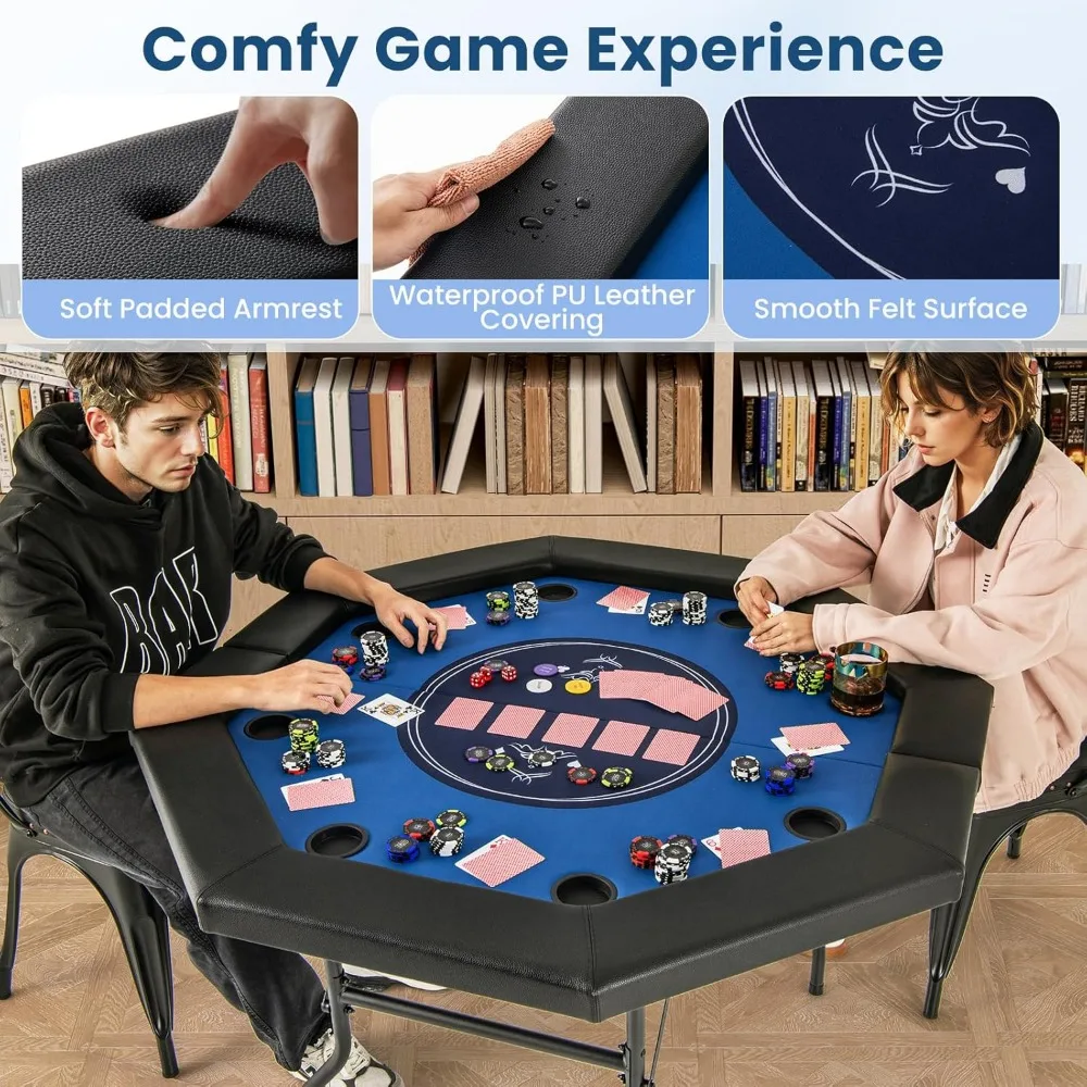 48" Poker Table Foldable - 8 Player Octagon Texas Holdem Poker Tables w/ 8 Cup Holders, Casino-Grade Felt Surface, Padded Rails 3