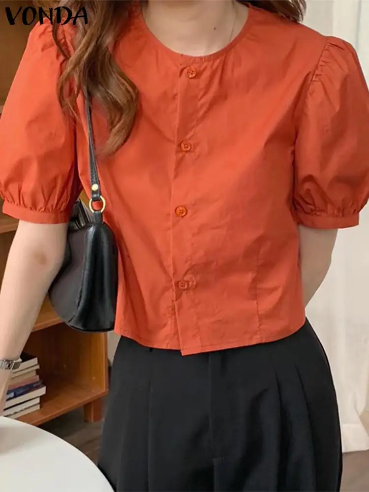 VONDA 여름 여성 블라우스 라운드 Necl 캐주얼 루즈 플리츠 반소매상의 2023 패션 솔리드 컬러 셔츠 Blusas Femininas