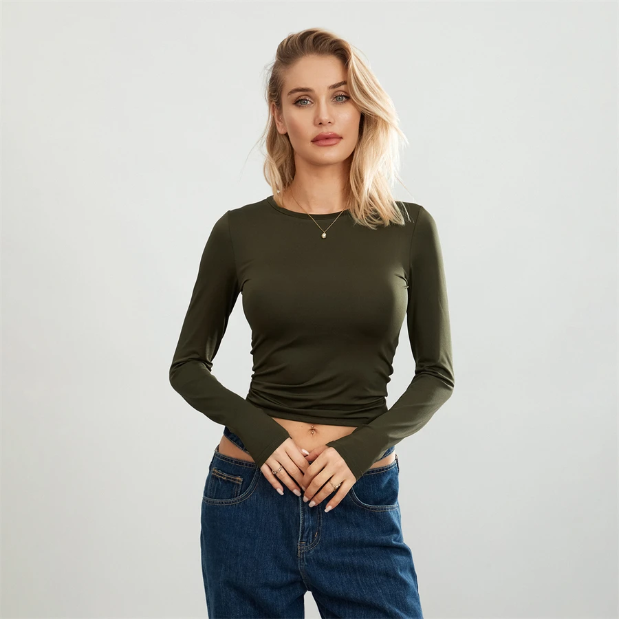 Camisetas básicas de Color liso para mujer, camisetas informales de manga larga, jerséis ajustados para otoño y primaver