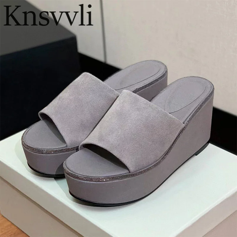 

Summer Wedge Heels Slippers Women String Bead Street Style Mule Kid Suede Platform Shoes Women Runway Slides Woman