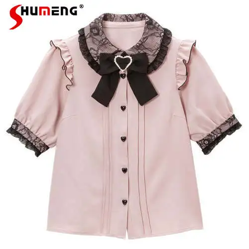 

Lolita Style Sweet Bow Lace Solid Color Blouse for Women 2023 Spring Summer Woman Tops Japanese Style Cute Short Sleeve Shirts