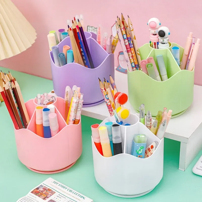 

360-degree Rotating Pen Holder Large-capacity Pen Case Plastic Stationery Desk Storage Box Makeup Brush Holder Home Storage
