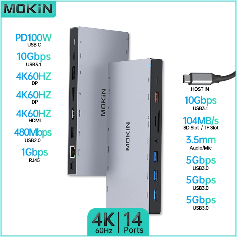 

Док-станция MOKiN 14 в 1 для MacBook Air/Pro, iPad, ноутбука Thunderbolt: USB3.1, HDMI 4K60 Гц, DP 4K60 Гц, PD 100 Вт, RJ45 1 Гбит/с