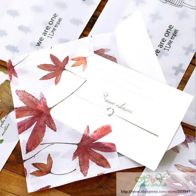 100pcs/lot New Cute Leaves Transparent Sulphuric acid paper frosted envelop envelop for invitation card Wholesale 160*110mm