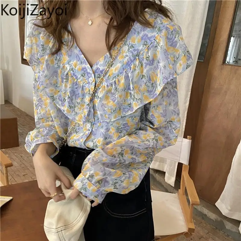 

Koijizayoi Plus Size Chiffon Women Blouse Sweet Floral Ruffled Spring Summer Female Clothes Loose Korean Lady Outwear Chic Tops