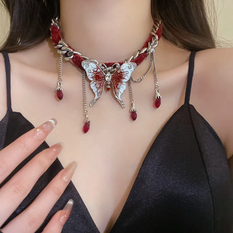 Y2K Rhinestone Butterfly Pendant Necklace Women Sweet Spicy Cool Egirl Punk Sexy Butterfly Choker Fashion Jewelry Accessory Gift