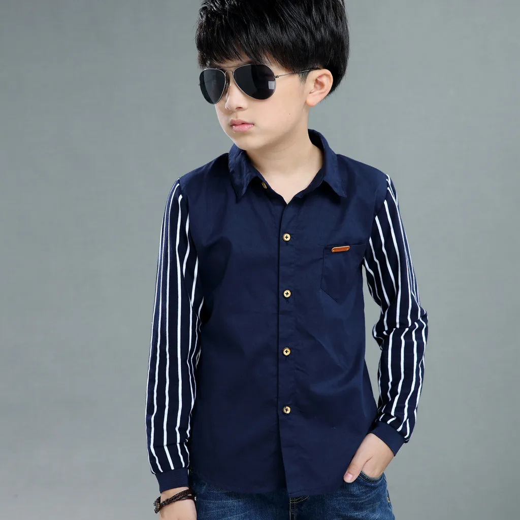Boys Long Sleeve Shirts Stripped Patchwork Long Sleeve Fastener Gentleman Cardigan For Boys