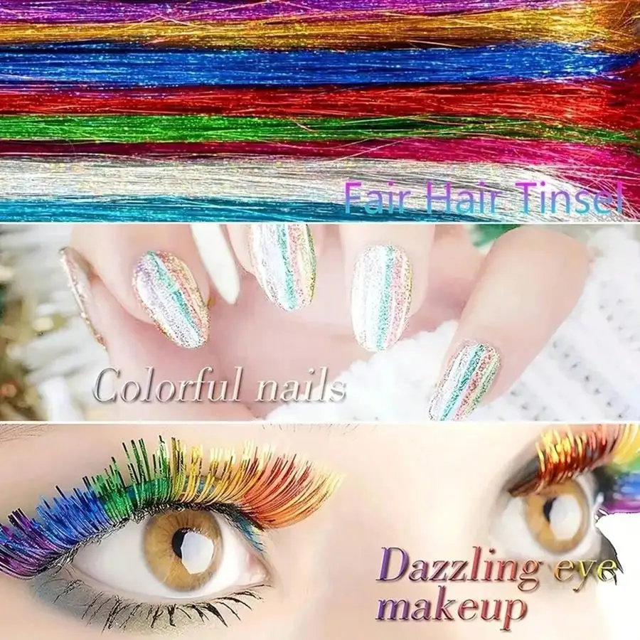36/48 Inches 10 Mixed Colors Tinsel Synthetic Hair Extension Glitter Kit Glitter WithTool 3600 Strands, Hair Extensions Set 3