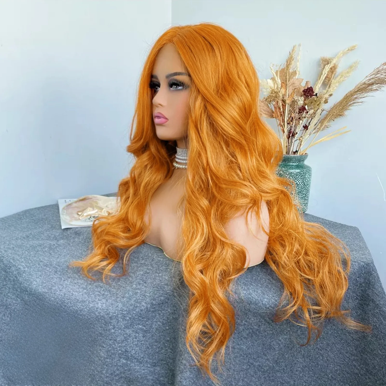 Long Orange Ginger Wavy Wigs for Women Synthetic Middle Part Body Wave Natural Curly Heat Resistant Fiber Wigs Daily