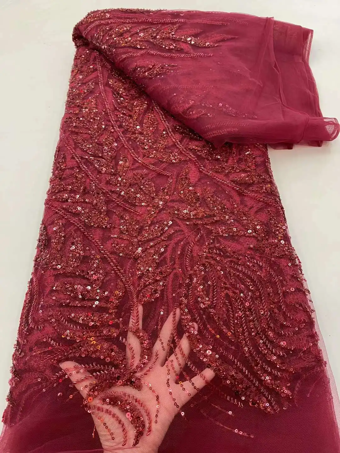 

French Sequins And Beads Tulle Lace Fabric 2022 High Quality Nigerian Embroidery Laces Fabric 5 Yards For Wedding Dresses rf-325