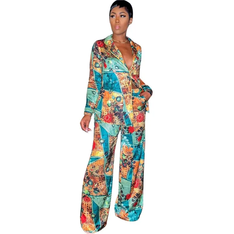 Two Piece Set Women Printed Long Sleeve Shirts Top And Pants Matching Set Casual Tracksuit Outfits Bazin Famous Suit New Arrival