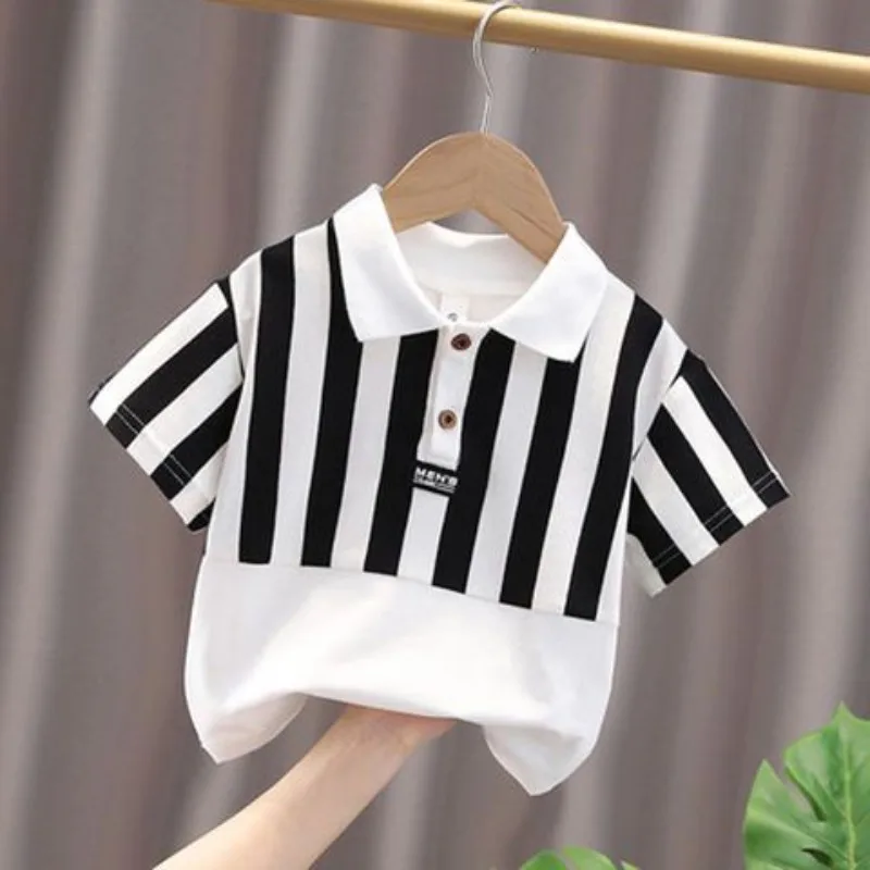 

Boys Summer Polo Collar Button Stripe Contrasting Color Patchwork Cotton Cute Lively Thin Children's Half Sleeved T-shirt Tops