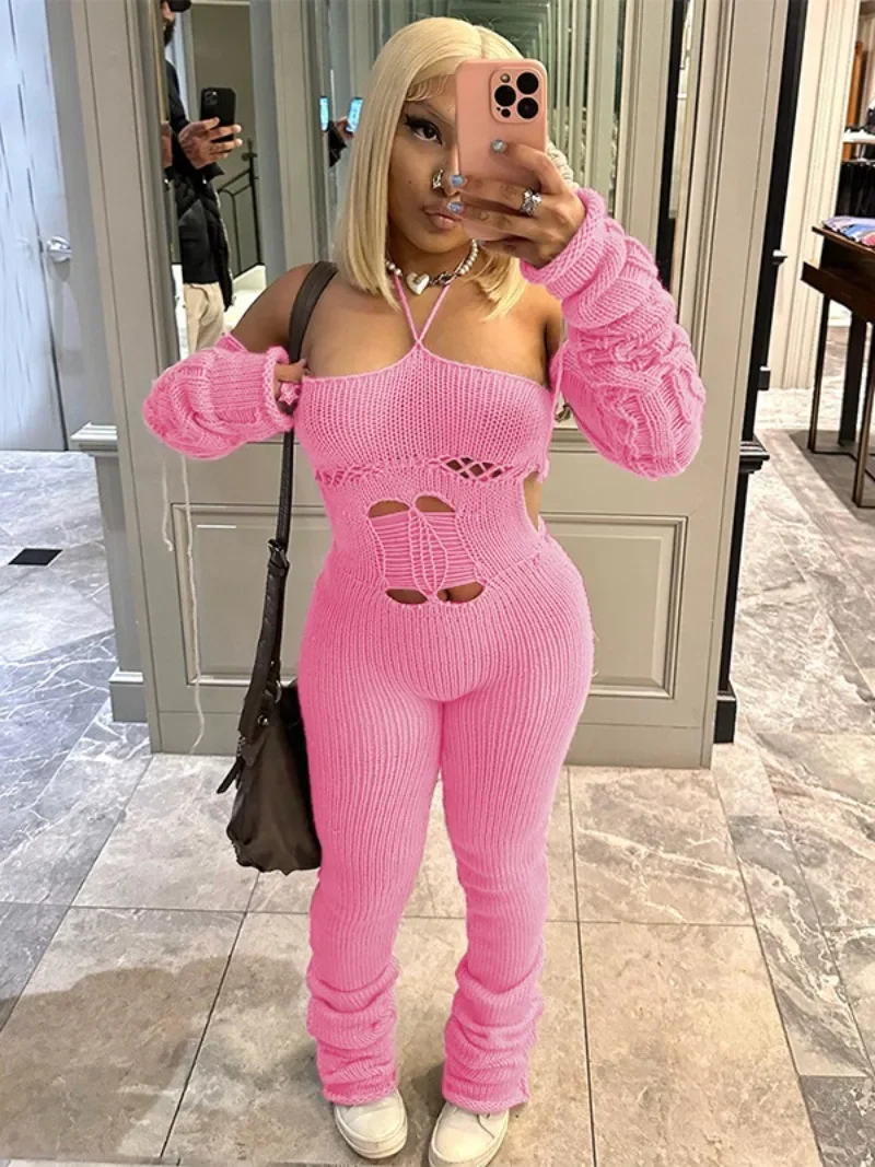 

Pink Jumpsuits Sexy Long Sleeve Off Shoulder Halter Neck Bandage Backless Knit Bodysuit Female Hollow Out Night Club Outfit 2023
