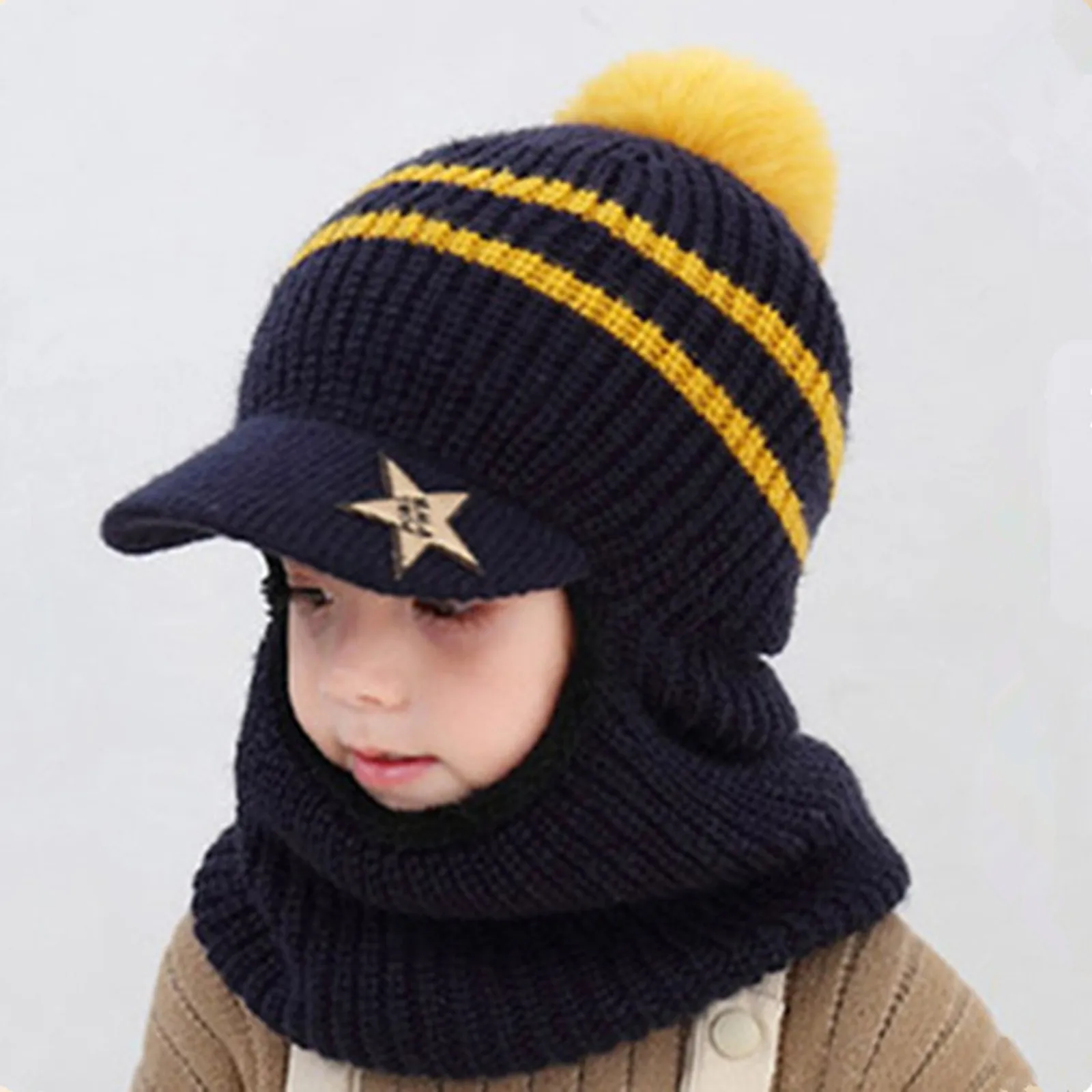 Baby Hat Kids Caps Winter Kid Hooded Caps Windproof Ski Cycling Earflap Scarf Hat Toddler Baby Knit Thick Warm Beanie Cold Weather Accessories