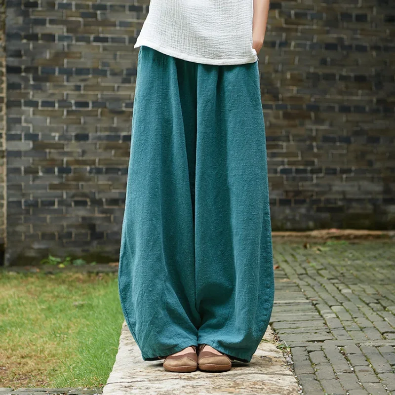 Autumn Summer Cotton Linen Chinese Traditional Style Bottoms Zen Retro Slimming Casual Loose Bloomers Trousers for Women