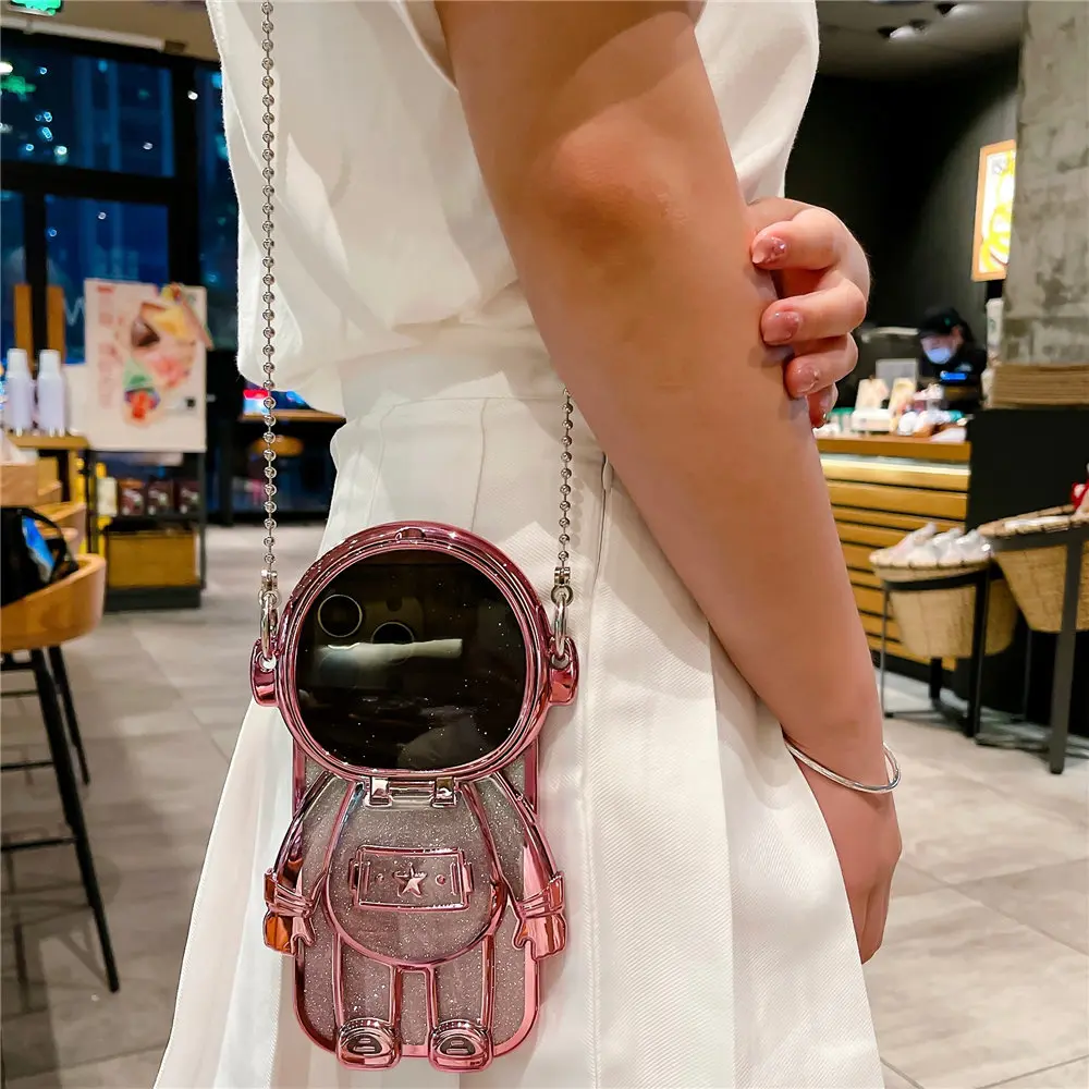 Astronaut Mirror Makeup Clear Crossbody Phone Case with Glitter Shockproof Cover