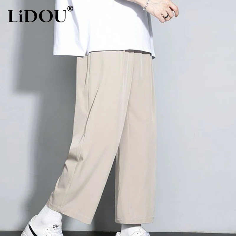 

Spring Summer High Street Solid Color Thin Style Ankle Length Pants Man Korean Style Elastic Waist Drawstring Wide Leg Trousers