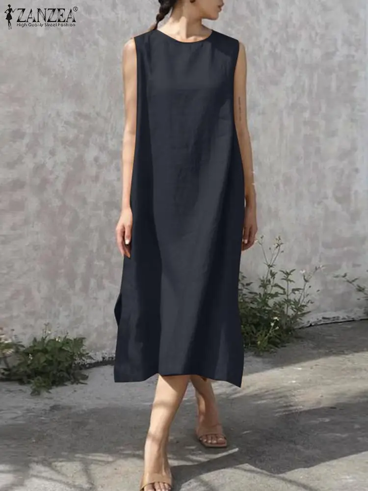 

Летний сарафан ZANZEA, женское Модное Элегантное повседневное платье без рукавов, Пляжное праздничное платье, женское однотонное платье до середины икры, сарафаны
