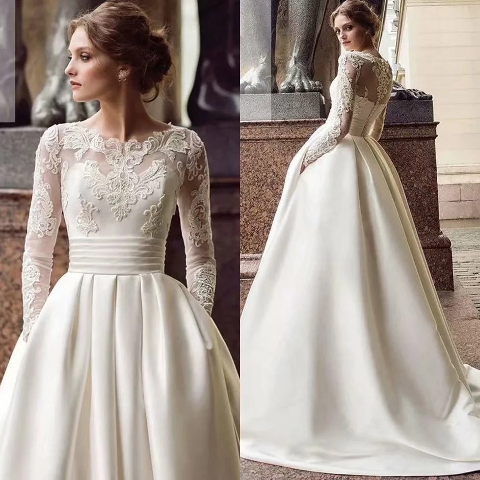 

Роскошное кружевное свадебное платье с круглым вырезом и длинным рукавом, свадебное платье, женское атласное платье со шлейфом
