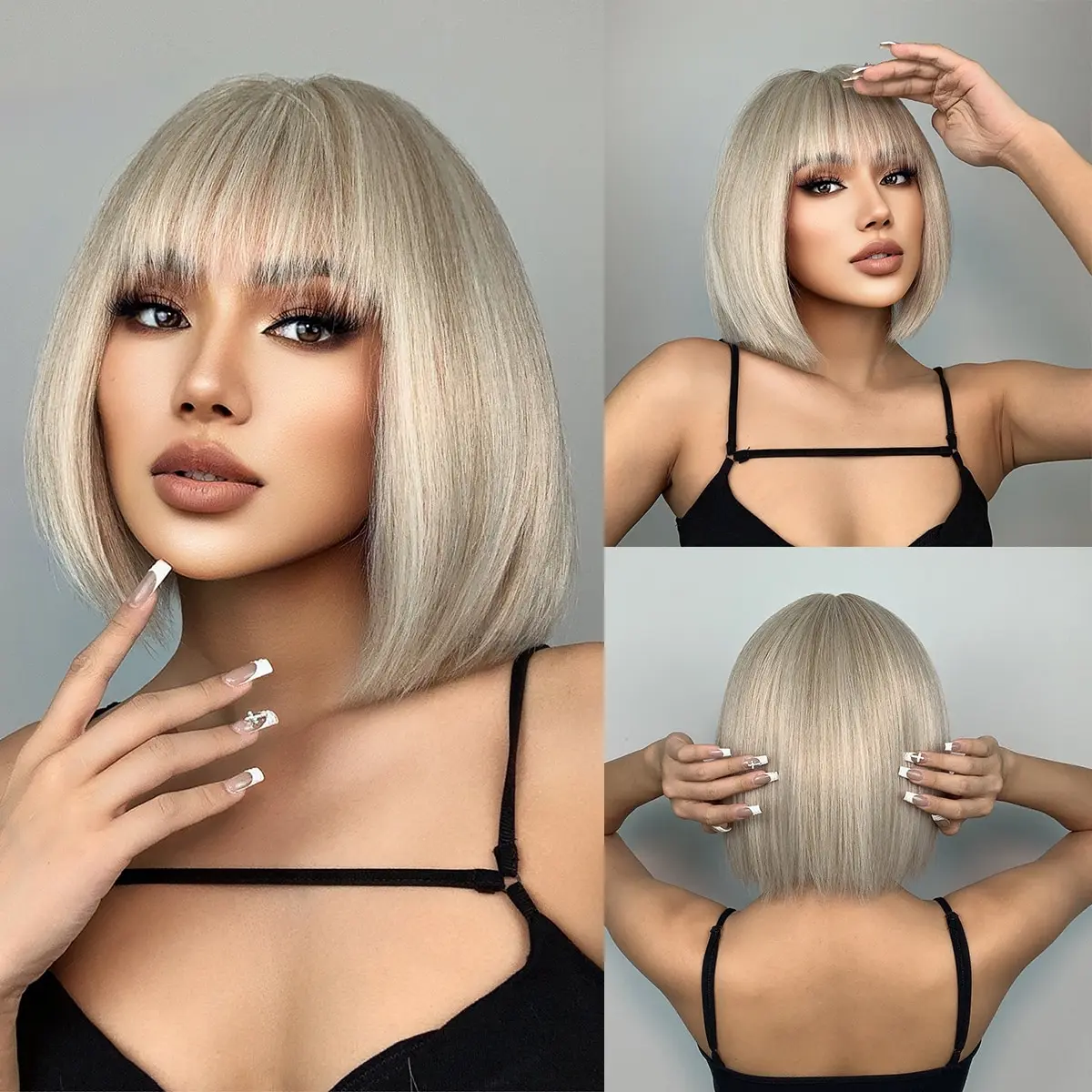 Kurze, glatte, weiße Platin-Perücken für Frauen, kurze, synthetische Bob-Perücke mit Pony, schulterlange, hitzebeständige Cosplay-Perücke_voghion.com