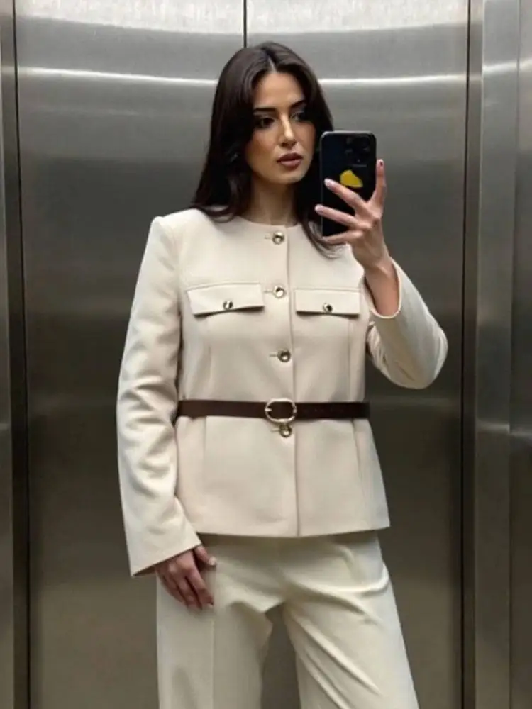 HH Women Elegant Solid Suede Coat Single Breasted O Neck Long Sleeve Jacket With Belts Autumn Fashion High Street Woman Outwear