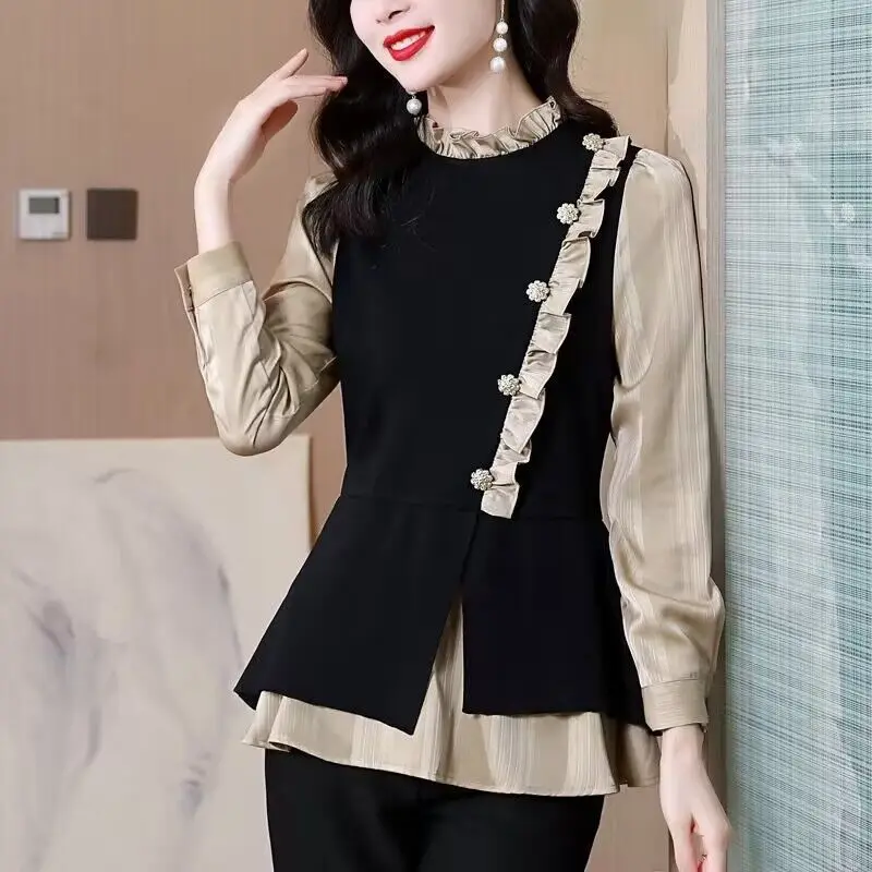 Fashion Spliced Button Ruffles Fake Two Pieces Blouses Women\'s Clothing 2023 Autumn Winter New Elegant Tops Asymmetrical Shirts