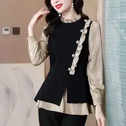 Fashion Spliced Button Ruffles Fake Two Pieces Blouses Women's Clothing 2023 Autumn Winter New Elegant Tops Asymmetrical Shirts