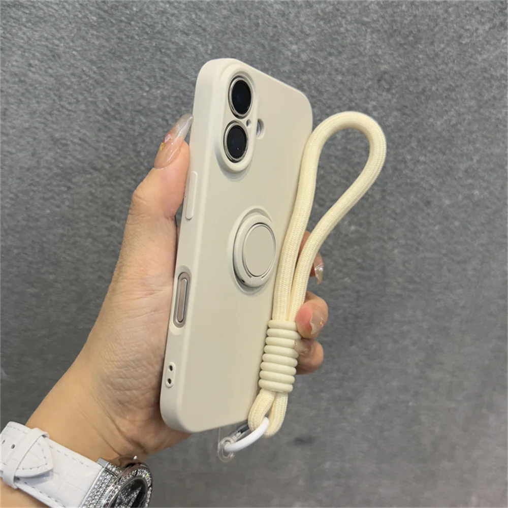 Luxury Solid Liquid Silicone Phone Case with Lanyard and Ring Holder - Matte Frosted Finish