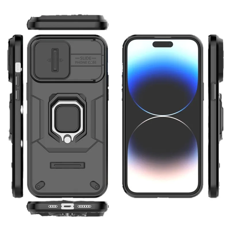 

Slide Camera Protector Armor Phone Case For iPhone 15 14 13 Pro Max Plus Anti-fall Protection Finger Ring Stand Kickstand Cover
