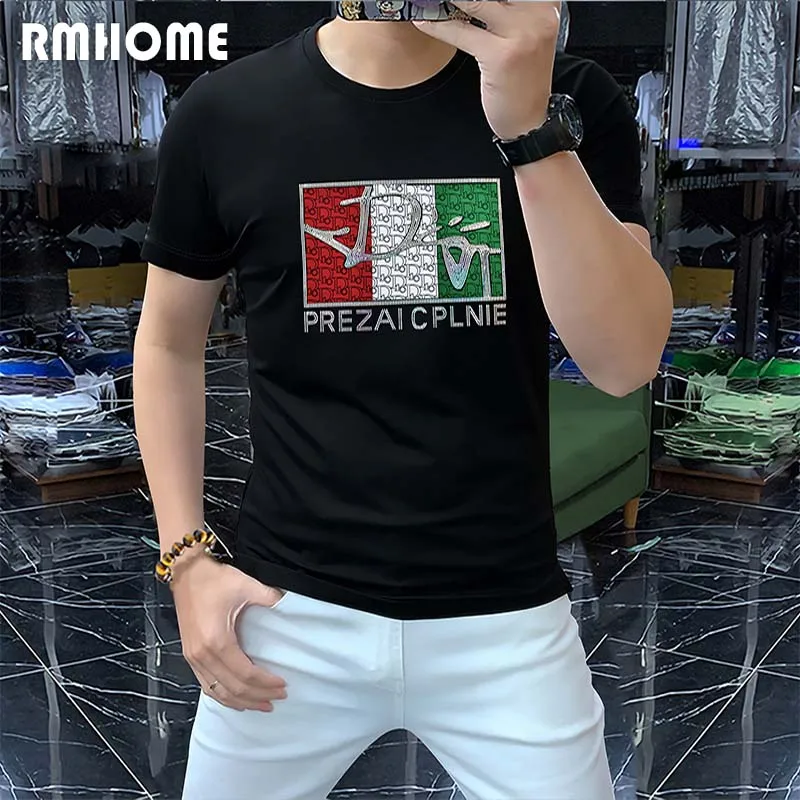 Men's Summer T-shirt New Designer Personalized Trend Mercerized Cotton  Large V-Letter Hot Diamond Slim Casual Male Tees Clothing