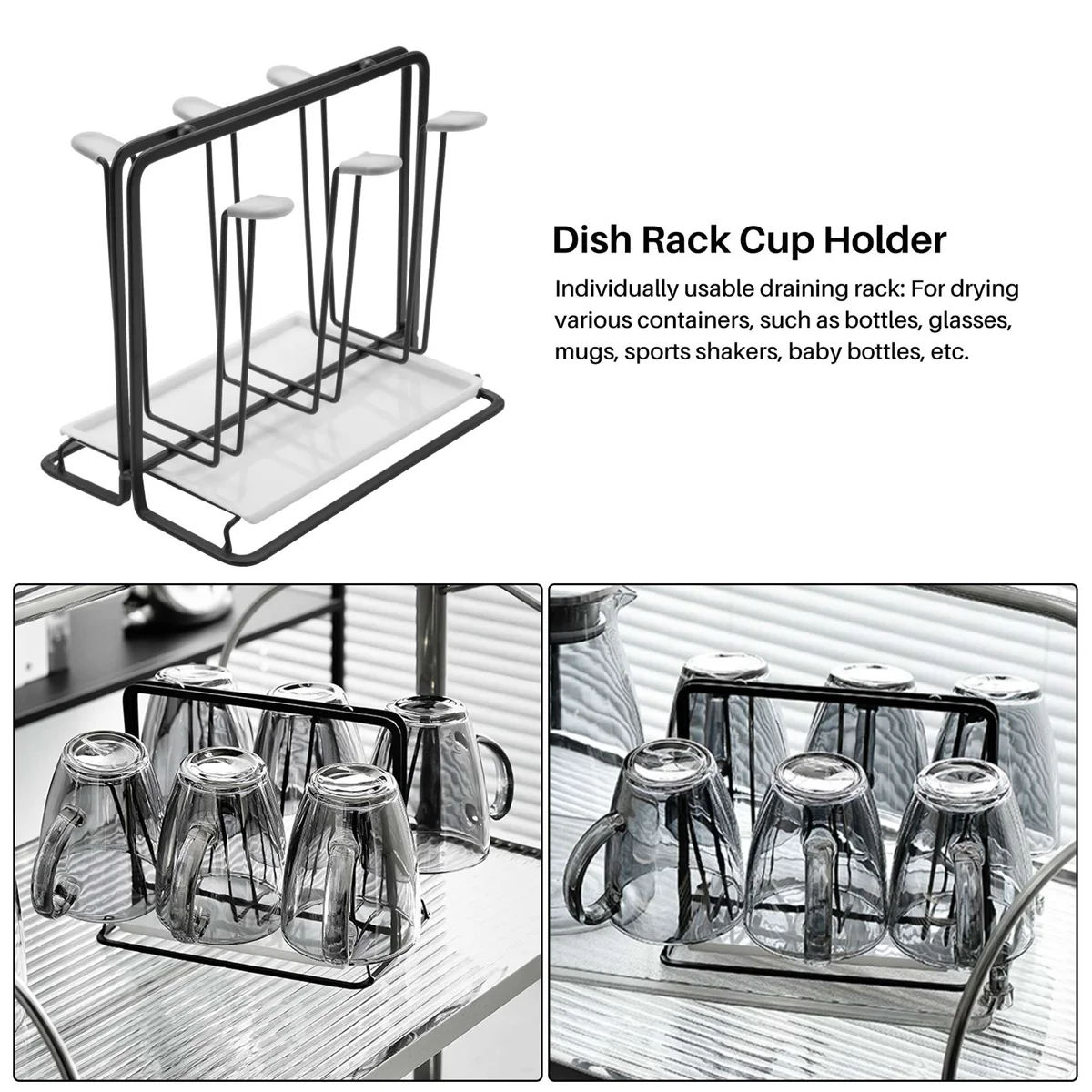 Cup Storage Holder 6 Bottle Dish Drainer Metal Bottle Holder, Drip Rack for Vessels with Drip Tray, for Sodastream, Air Up, Avent, Philips