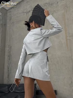 Clacive Fashion Stripe Print 2 Piece Sets Women Elegant Slim Long Sleeve Irregular Top With High Waist Shorts Set Streetwear - Image 3