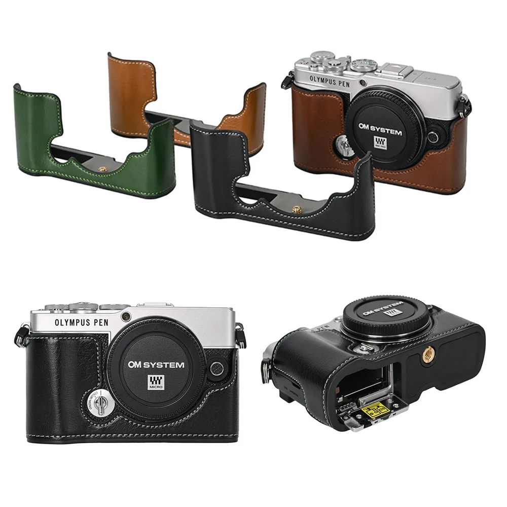 PU Leather Camera Half Body Case for Olympus PEN EP7 E-P7 Battery