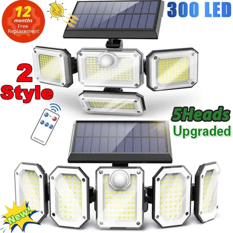 5 Heads Solar 300 LED Light Outdoor Motion Sensor Waterproof Wide-angle Illumination Wall Lamp Garden Courtyard Street Lights 5 heads 300 led solar street lamp solar motion sensor lights outdoor waterproof 360° adjustable wide angle solar security lights