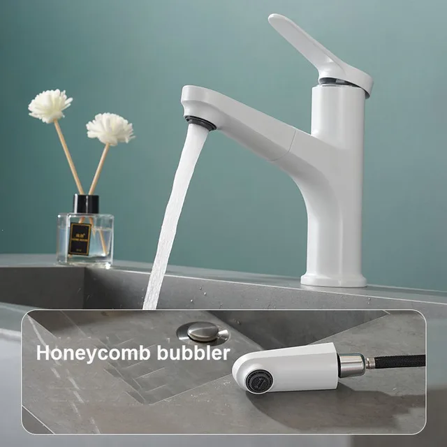 ก๊อกน้ำอ่างล้างหน้าแบบดึงออกสีขาว, ก๊อกน้ำอ่างล้างจานแบบยืดหยุ่นน้ำร้อนและน้ำเย็นติดตั้งบนดาดฟ้าพร้อมโหมดฝักบัวแบบสตรีม 1