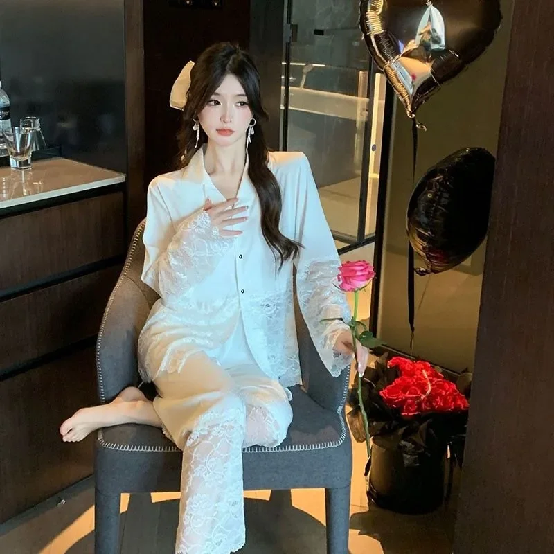 2023 New Pajamas Women's Spring Summer Ice Silk Thin Imitation Silk High-end Loungewear Long Sleeved Homewear Two-piece Set