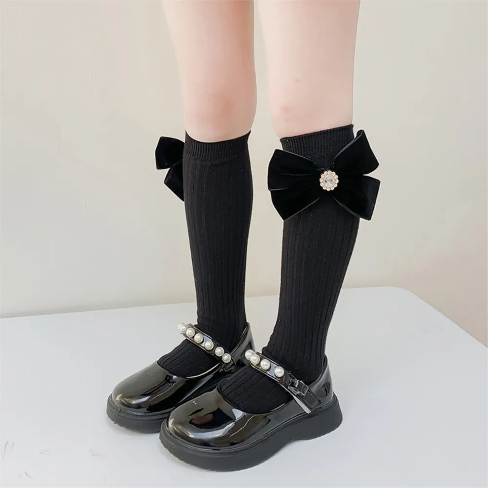 Girls socks pearl big bowknot sweet princess calf sock kids baby knee high stocking combed cotton sokken toddler infant cotton socks,children socks,cotton knee socks