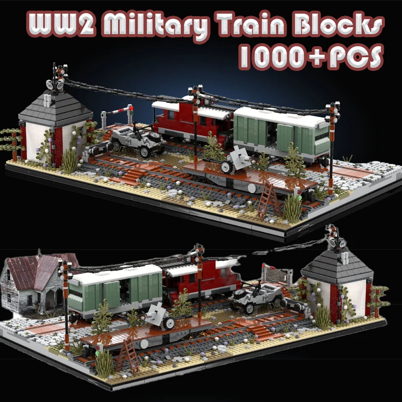 

WW2 Military War Train Station Scene Building Blocks German Battle In Kiev Ruins Solider Figures Weapons Gun MOC Bricks Toy Gift