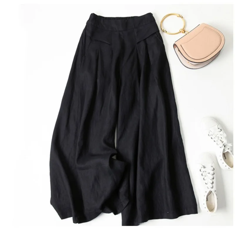 Cotton and Linen Wide-leg Culottes for Women, Loose Semi-elastic High-waist Slim Nine-point Pants 2024 New Women's Pants