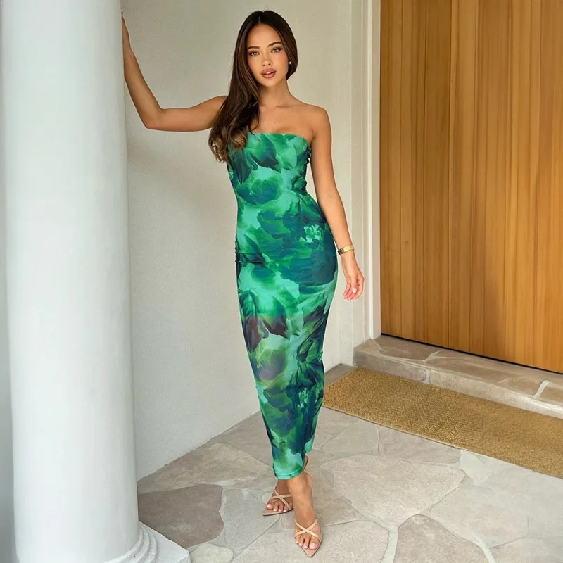 

Summer 2024 New Green Print Strapless Slim Sexy Sleeveless Spice Girls Dress Women's Cheap Clothing and Free Shipping Sales Traf